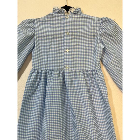 Baylis Brothers 70's VTG Blue & White Gingham Dress Girl 6X 3/4 Sleeve Lace Trim - Picture 5 of 8